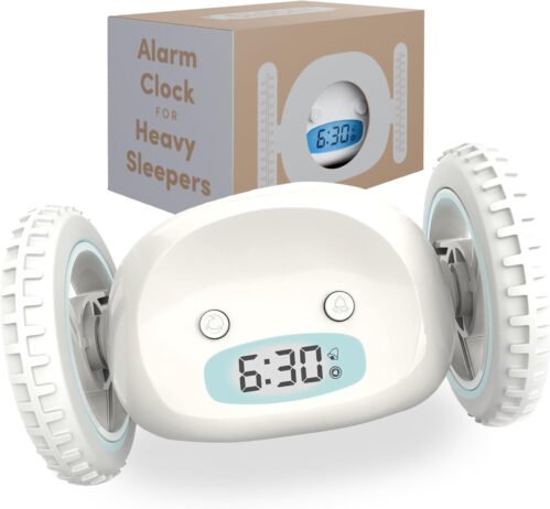 Extra Loud Alarm Clock for Heavy Sleepers on Wheels Rolls Runs Away Vibrating