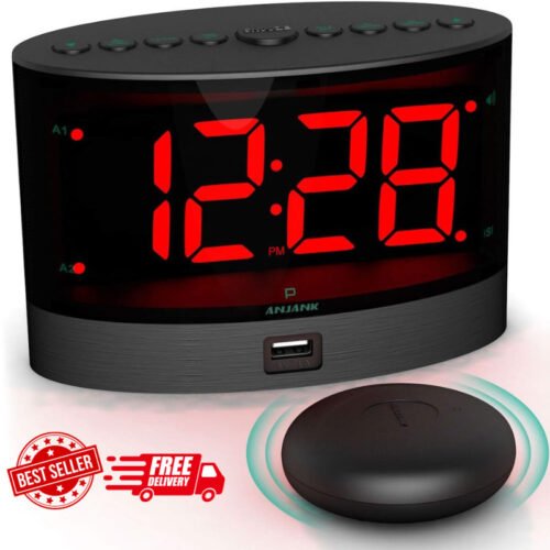 Extra Loud Alarm Clock w/ Wireless Bed Shaker Vibrating for Heavy Sleepers Deaf