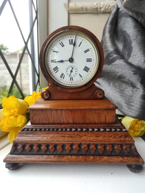 FABULOUS ANTIQUE WALNUT FRENCH DRUM-HEAD DESK/MANTEL CLOCK WITH ALARM c1880