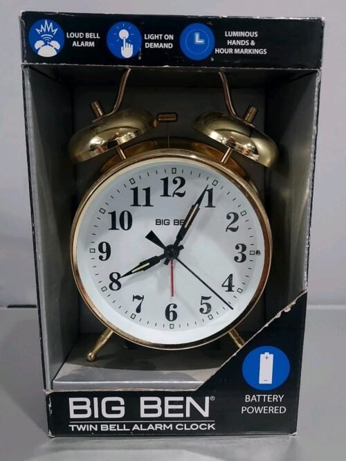 Factory Sealed 70010G Big Ben Dual Twin Bell Battery Powered Gold Alarm Clock