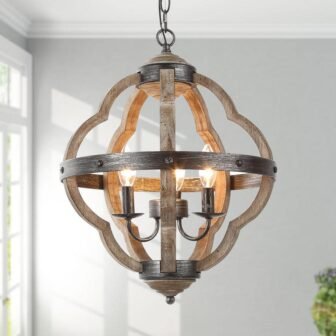 Farmhouse Chandelier Brushed Black Globe 3-Light Rustic Weathered Wood Geometric Cage Kitchen...