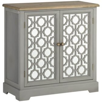 Farmhouse Grey Buffet with Double Glass Doors and Solid Wood Countertop
