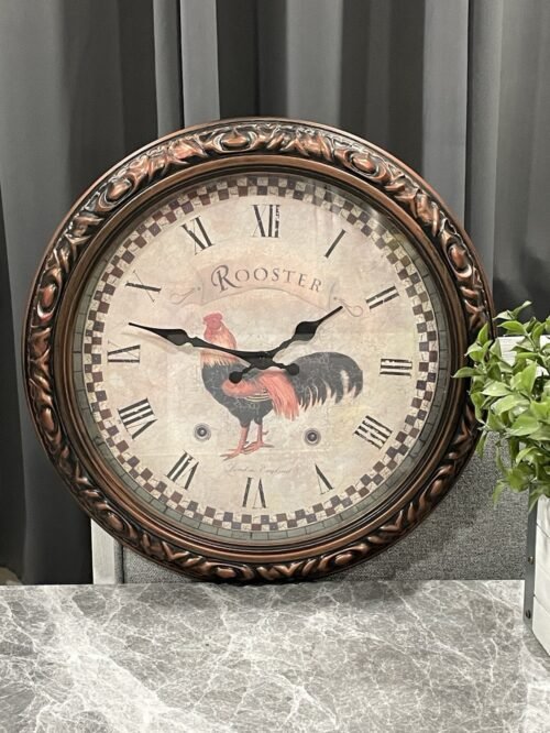 Farmhouse Rooster Wall Clock 16” Round Analog Battery Deco plastic Roman Numeral