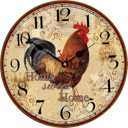 Farmhouse Rooster Wall Clock Battery Operated Silent Arabic Numerals Cloc