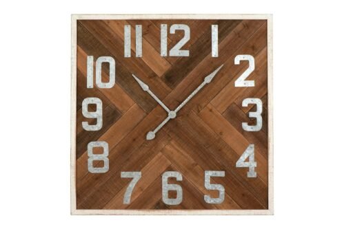 Farmhouse Square Herringbone Wood Inlay and Metal Wall Clock, Distressed Brown