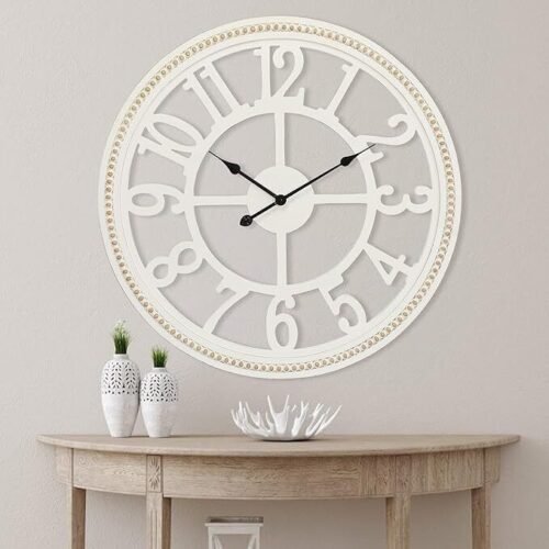 Farmhouse Wall Clock 30 Inch, Large Wall Clock with Boho Beads, Wooden Silent