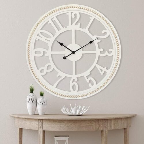 Farmhouse Wall Clock 30 Inch, Large Wall Clock with Boho Beads, Wooden Silent