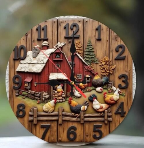 Farmhouse Wall Clock Rustic Barn Chickens & Rooster Battery Operated 10 Inch