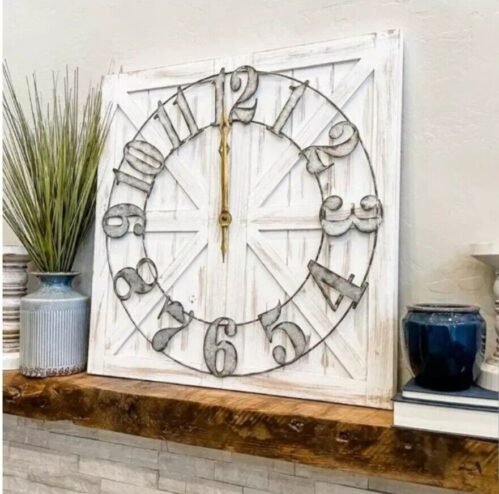 Farmhouse Wall Clock Wood Large Square Rustic Distressed Indoor Battery Analog