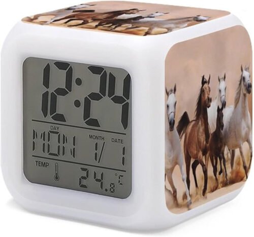 Fashion Horse Print 7 LED Color Change Digital Thermometer Alarm Clock with LCD