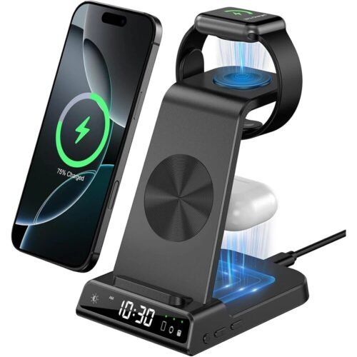 Fast Wireless Charger Stand w/ Clock, 3 in 1 Charging Station For iPhone iWatch