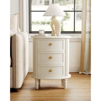 Fenley White 3-Drawer 19.69 in. W Nightstand, Oval Bed Side Table for...