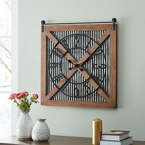 Fieldhaven Barn Door Wall Clock 27" Galvanized Metal Wood Brown 3111