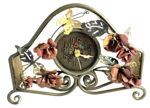 FIGI GRAPHICS Desk Clock Wrought Iron Patina Rose Design Colorful 10" X 7" In