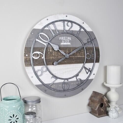 FirsTime & Co. Shabby Wood Plank 16" Quartz Wall Clock Rustic Farmhouse NEW NIB