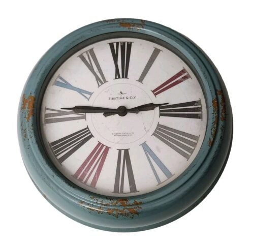 First Time & Co Blue Distressed Wall Clock Roman Numerals Silent Approx. 9"