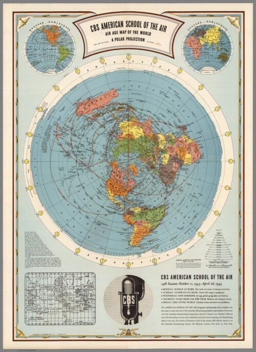 Flat Earth Map - CBS American School of the Air World Map : Art Print 1944