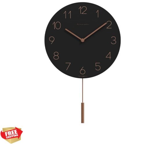 Flatwood Wall Clock Pendulum Black,12" Wood Wall Clock Non-Ticking Sweep Move...