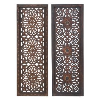 Floral Hand Carved Brown Wooden Wall Panels, Assortment of Two