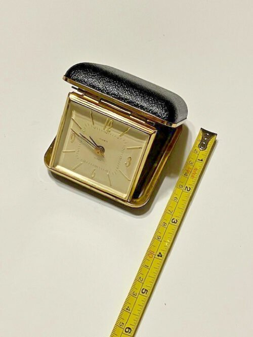 Florn Alarm Clock Folding Travel Case Gold And Leather Case Black Wind Up TESTED