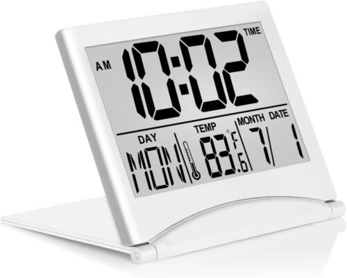 Foldable Digital Travel Alarm Clock with Snooze and Large Display - Silver