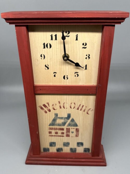 Folk Art Hand Painted Red Wood w House H. 13" Wall or Mantel Clock