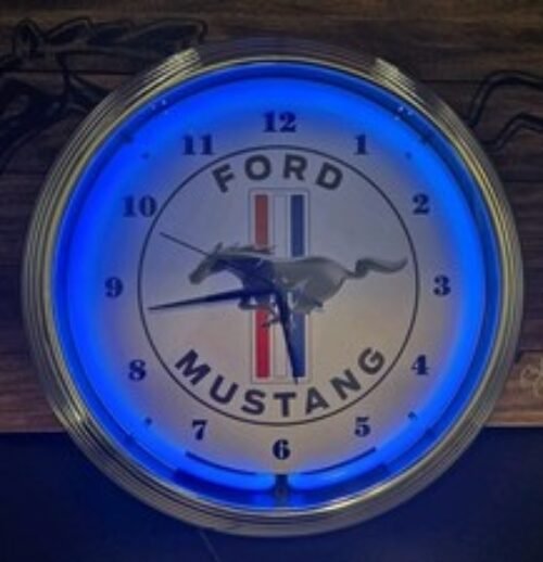 Ford Mustang Pony Logo Blue Neon Hanging Wall Clock: 15" Diameter Neonetics