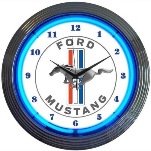 Ford Mustang White & Chrome Wall Clock with Running Horse Logo & Blue Neon Light