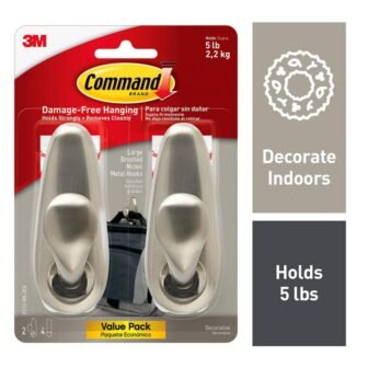 Forever Classic Large Metal Hooks, Brushed Nickel, Damage Free Decorating, 2 Hooks