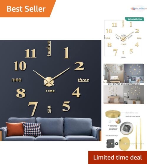 Frameless DIY Wall Clock Modern Large Mirror Decor Silent Battery Powered