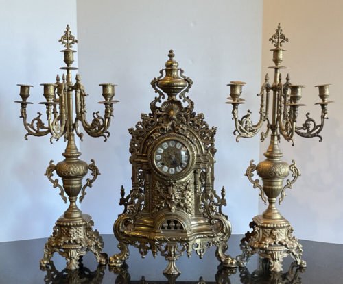 Franz Hermle Brass Mantel Clock & Candelabras 3pc Set Made In Italy Victorian