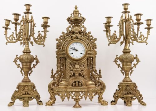 Franz Hermle Brass Mantle Clock Garniture Set Italian Imperial Gothic Vintage