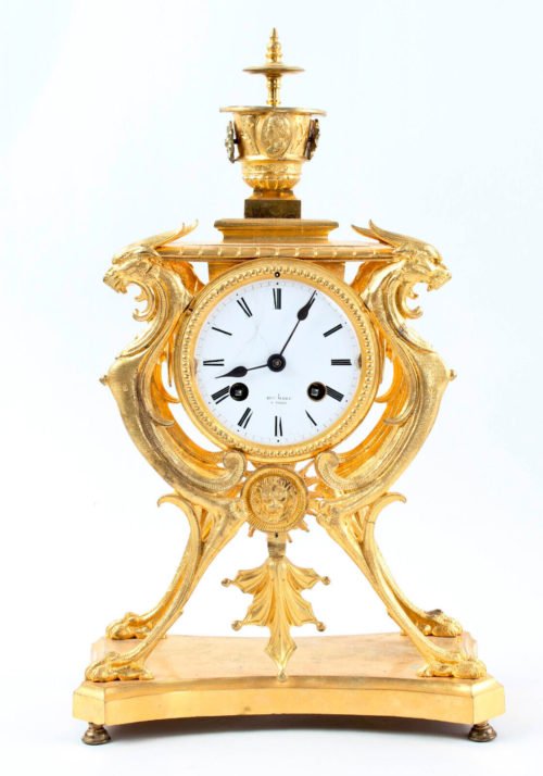 French 8 day gilt bronze mantel clock @ 1880 Original Fancy Signed