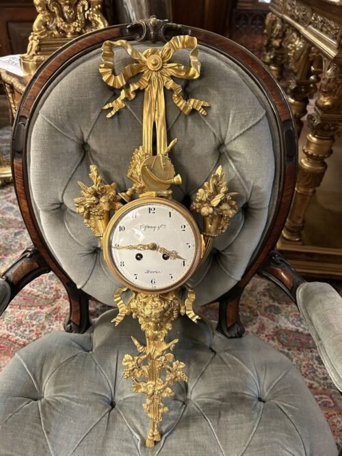French Antique Cartel wall clock, figural gilded bronze, 1880, Tiffany &co tall