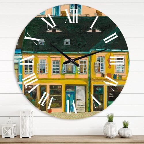French Country Wall Clock 'Yellow Facade of Houses in Street in Paris' Landsc...