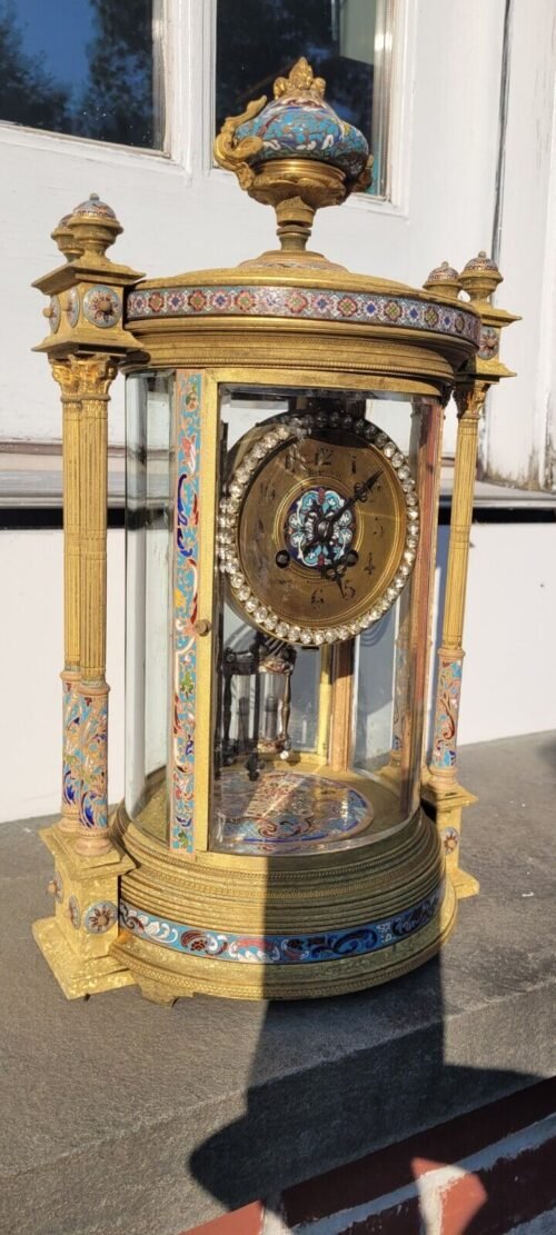 French Gilt Bronze Champleve Regulator clock cloisonne ormolu Columns enamel