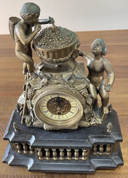 French Nouveau Style Bronze Marble Mantle Clock w/Cherubs Putti Untested