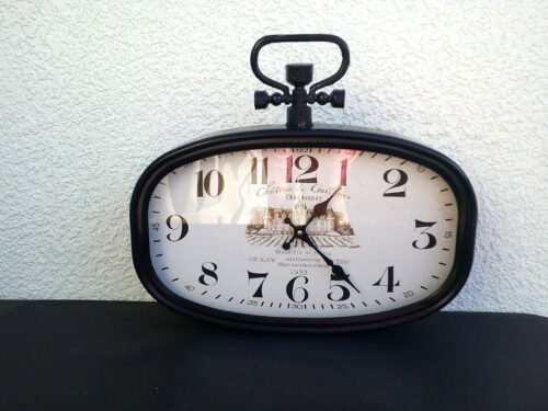 French Oval Wall Clock Metal Grand Vin de France 17.5" Wx 15.25" Hx2.25"D