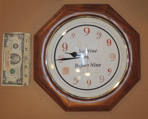 Funny Unique “No Wine Before Nine“ Wooden Wall Clock, Octagonal, Quartz 12"