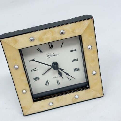 Galassi Burl Veneer Rhinestone Desk Clock Roman Numerals Second Hand Italy