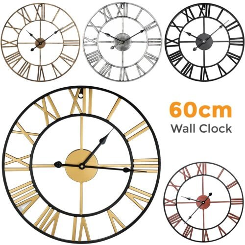 GARDEN WALL CLOCK ROMAN LARGE INDOOR OUTDOOR NUMERALS GIANT OPEN FACE METAL 60CM