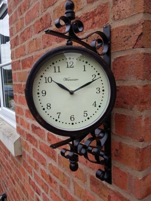 Garden Wall Station Clock Thermometer Ornament double sided Bracket Rust Effect