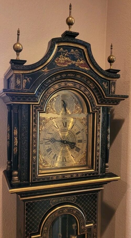 Gasper Vieira Chinoiserie Black Lacquer Hand Paint Ridgeway Grandfather Clock