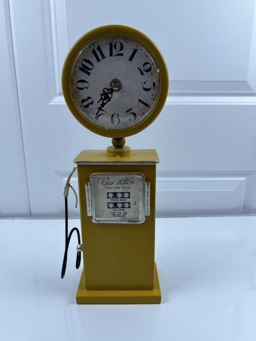 Gas Pump Transitional Metal Table Top Clock in Yellow Preowned Clock Tested Nice