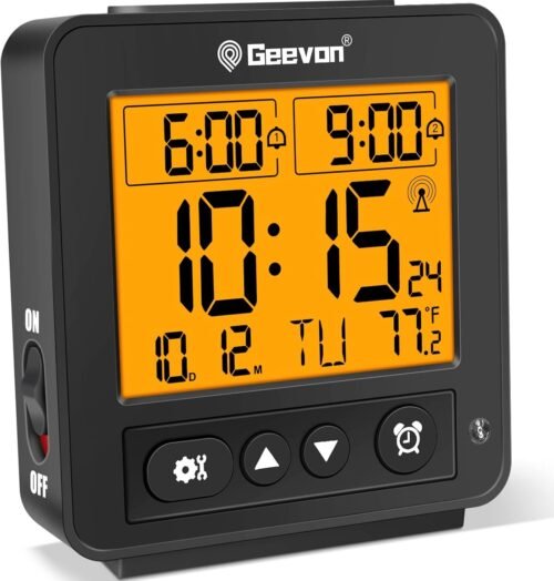 Geevon Small Atomic Travel Alarm Clock with Auto/8s 3.8*3.5*1.4 Inches, Black