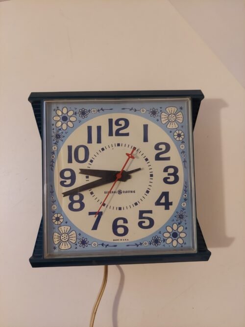 General Electric Vintage GE Dark Teal Wall Clock With Blue & White Flowers