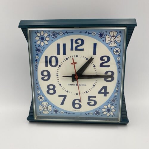 General Electric Vintage Wall Clock GE Teal w/ Blue & White Flowers Square WORKS