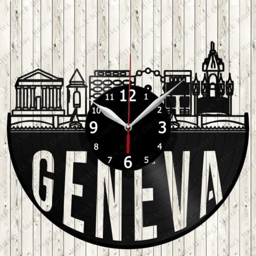 Geneva Skyline Vinyl Record Wall Clock Decor Handmade 7088