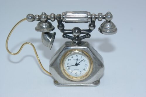 Genova Miniature Quartz Table Clock - Vintage Phone Design, Silver & Gold Tone