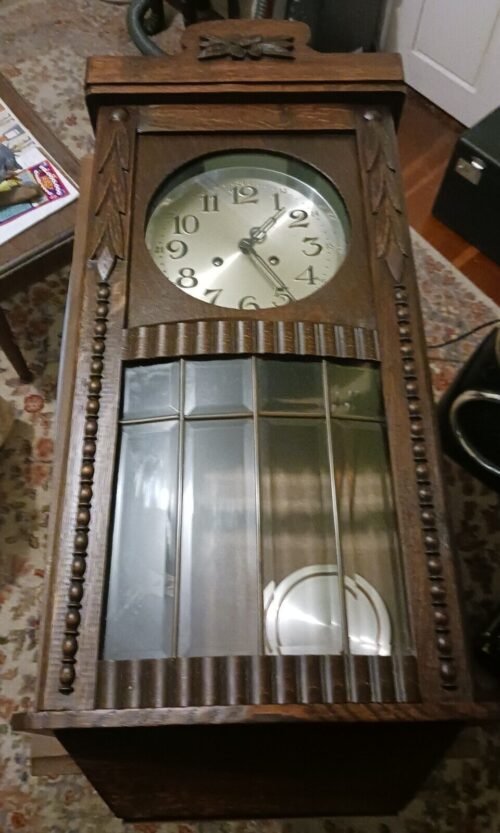German Art Deco oak wall clock just serviced !! 1930s